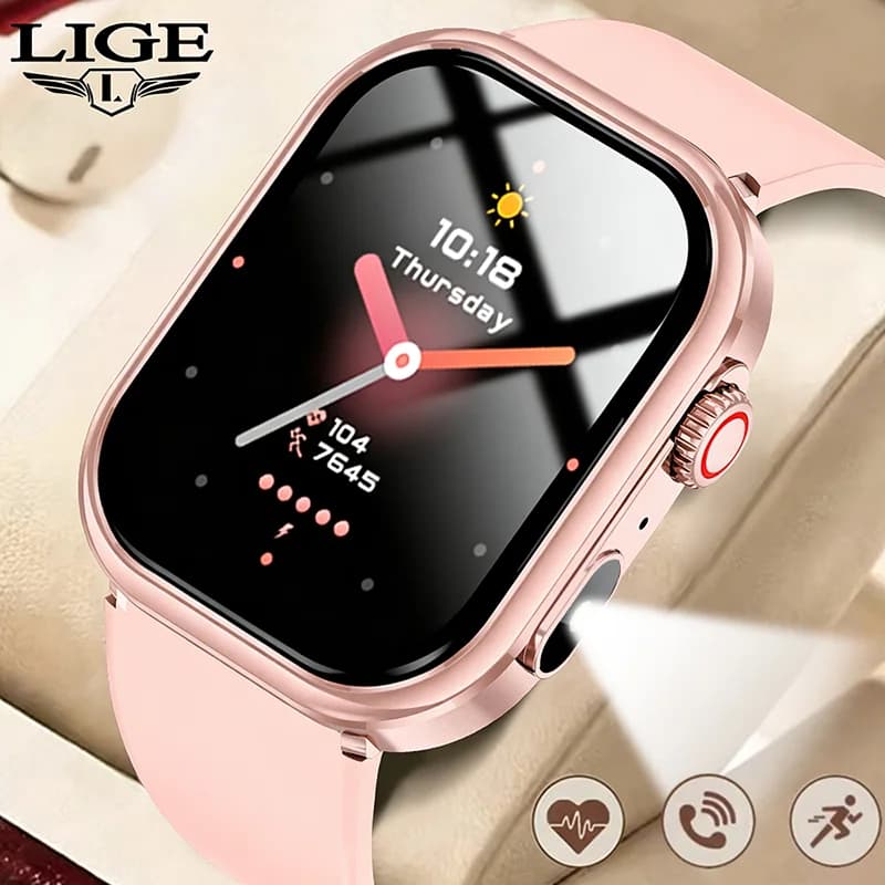 LIGE Smartwatch for Women 2.01" IP68 Waterproof Outdoor Sports Tracker LED Flashlight Bluetooth Smartwatch for Android iOS