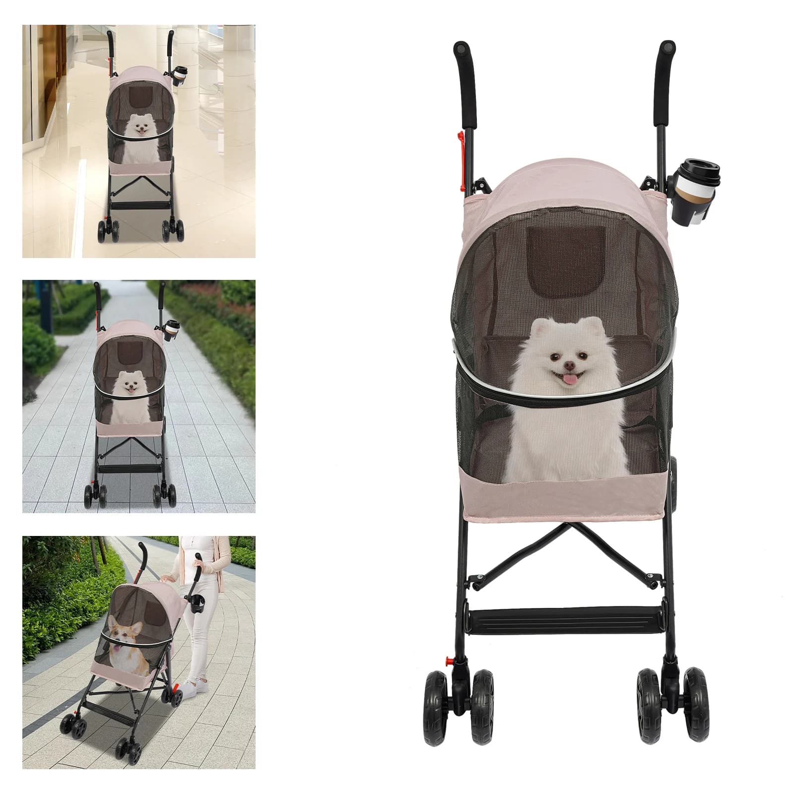 Passeggino per animali pieghevole rosa: tessuto Oxford/ferro, carico 22 libbre+360 ° Ruote anteriori, 180 ° Zip+Corda di sicurezza, cuscino lavabile rimovibile