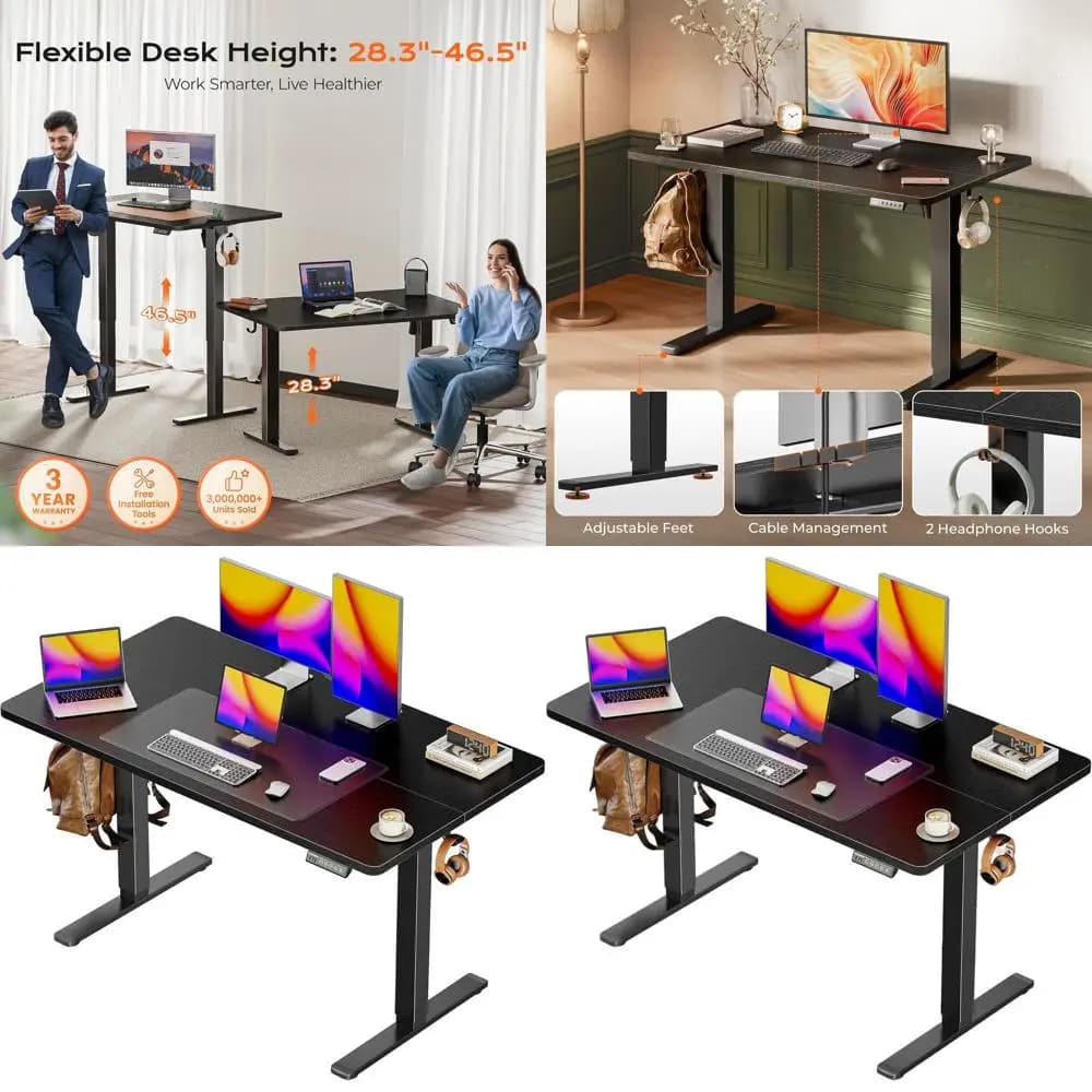 Scrivania Regolabile in Altezza 48 x 28, Spazio di Lavoro Profondo, 3 Livelli di Altezza, per Gaming e Ufficio, Nera