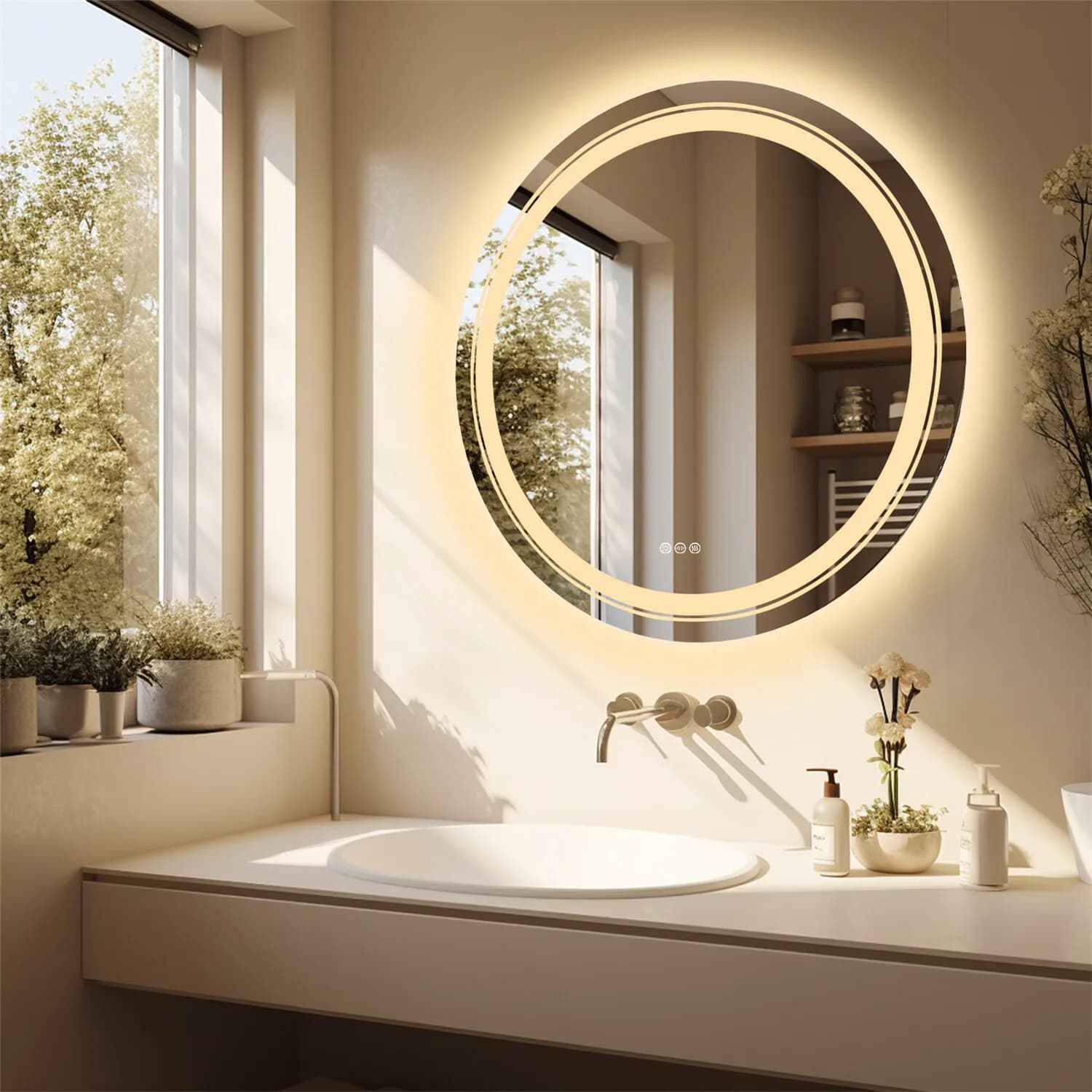 Specchi da Bagno Rotondi da Parete con Retroilluminazione + Illuminazione Frontale Dimmerabile Antiappannamento