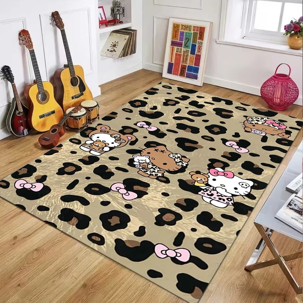 Fashion Leopard Print Hello Kitty Area Rug Stylish Animal Pattern Carpet For Living Room Bedroom Home Decor Washable Floor Mat
