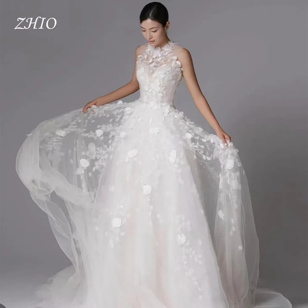 ZHIO Abito da sposa con applicazioni squisite Halter senza maniche in tulle bianco Servizio fotografico coreano Abito da ricevimento nuziale Cutsom nne").