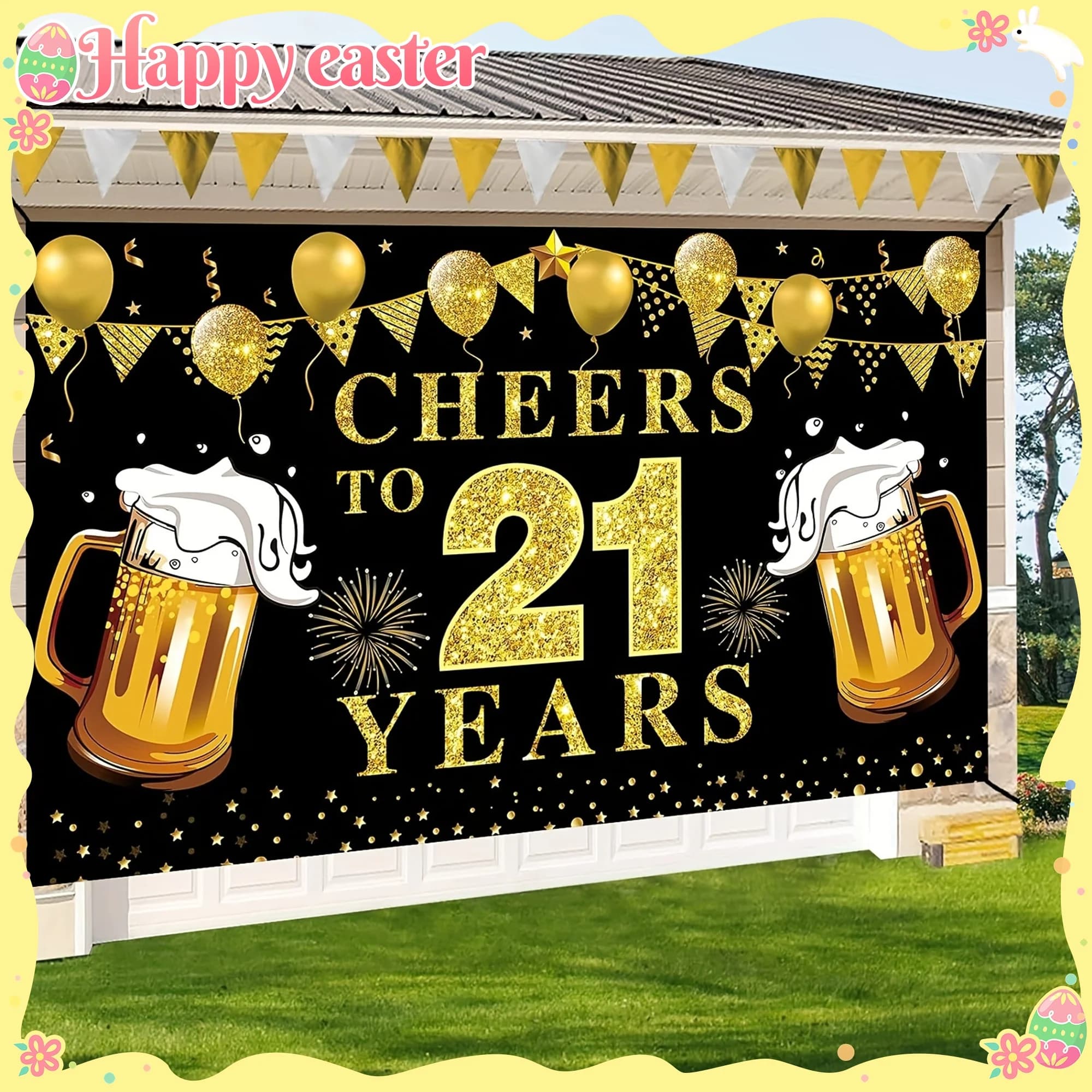 Striscione per il 21° Compleanno, Decorazione per Feste con Bicchiere di Birra Dorato Glitterato, Accessori per Eventi Importanti per Adulti, Tendenza