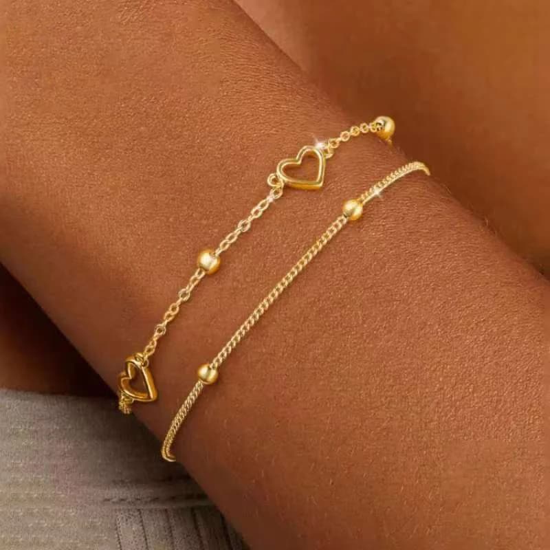 Braccialetti a catena a serpente a strati da 2 pezzi per donna Accessori a forma di cuore placcati in oro delicati Gioielli a catena a mano per regalo fidanzata