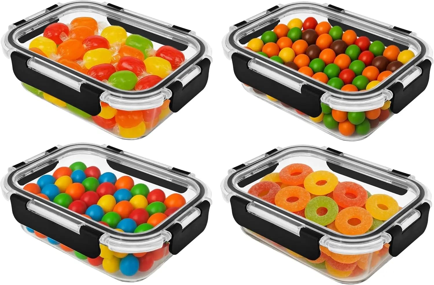 Contenitori in Vetro per Alimenti con Coperchi Ermetici per Preparazione Pasti, Avanzi, Cottura, Lunch Box (Nero, 21oz Rettangolari, Confezione da 4)