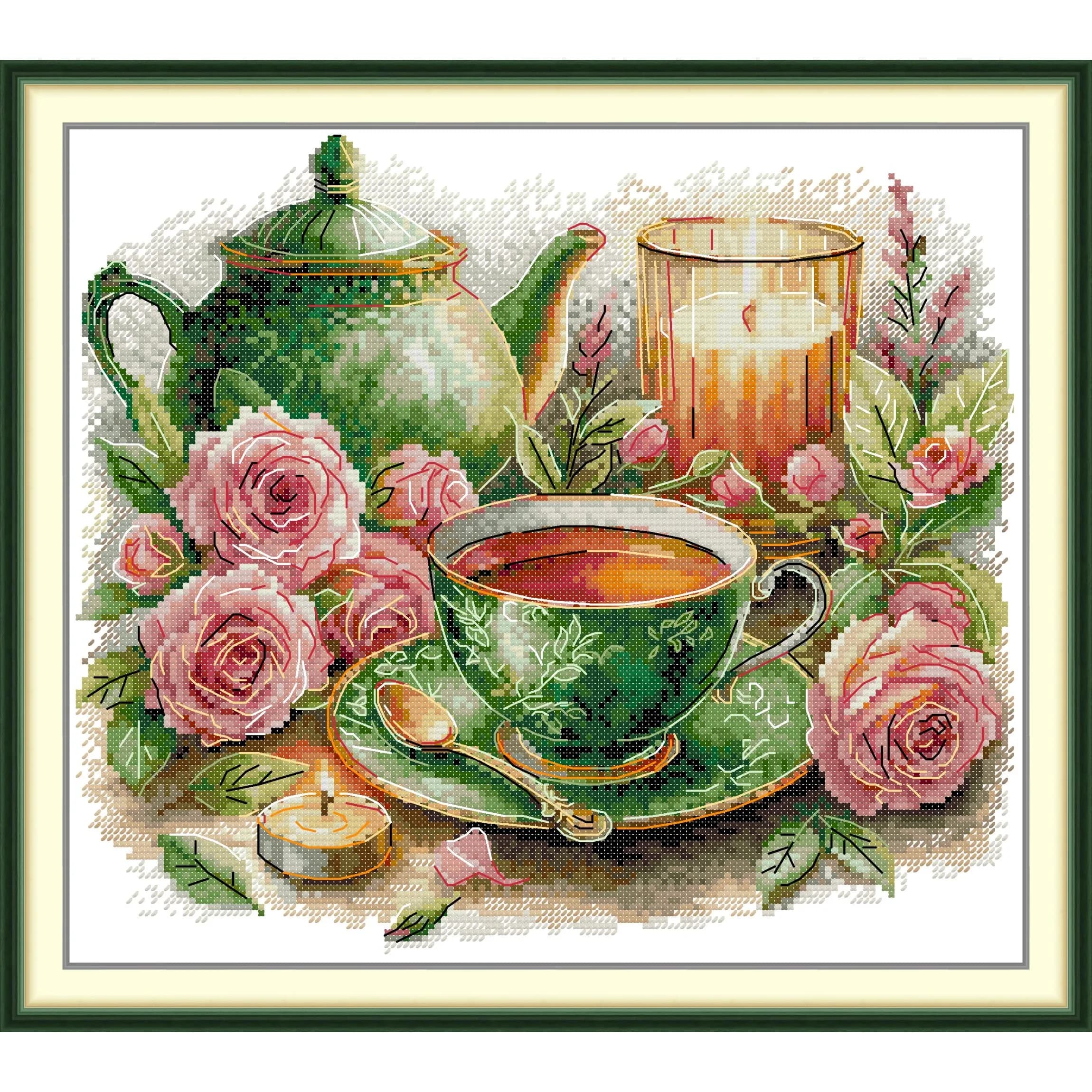 Soulgift News Pre-Printed Cross Stitch Kit, Stamped Aida Fabric with DMC Threads, Embroidery Kit - A Romantic Afternoon Tea