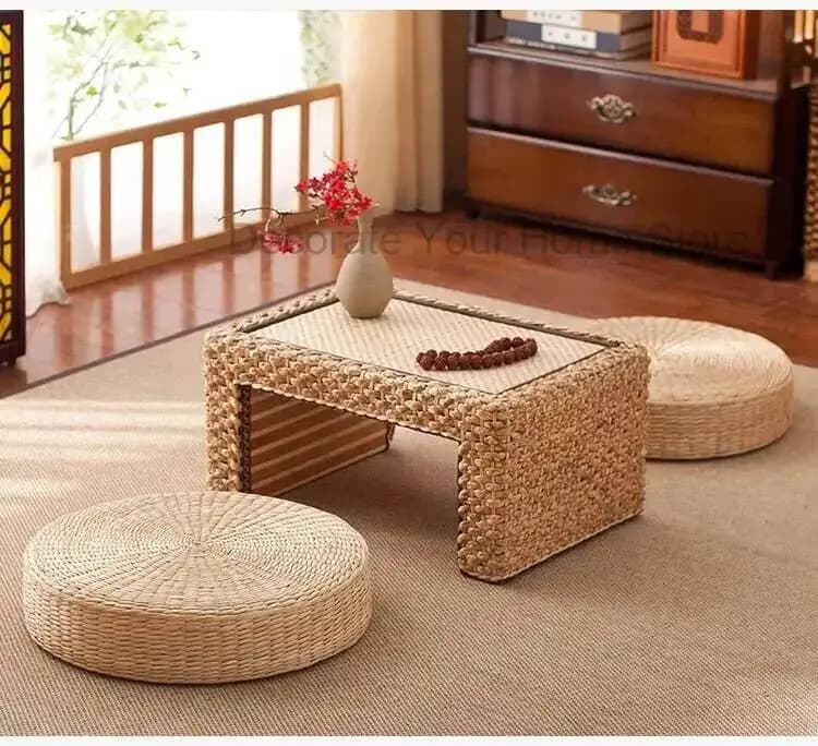 Set Table and chairs Japanese Tatami with Futon cushion, Meditation accessories, Rattan table for Bedroom, Living room and Balcony