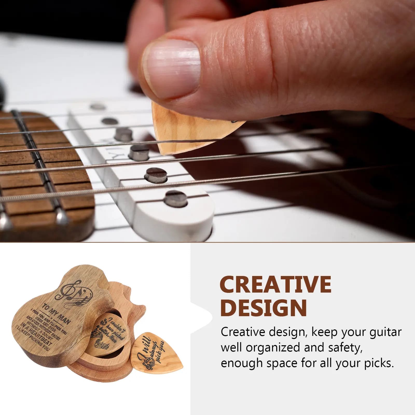 Set di 1 Organizzatore Premium in Legno per Plettri da Chitarra, Lavorazione Liscia e Lucida, Compatto e Portatile, Squisito