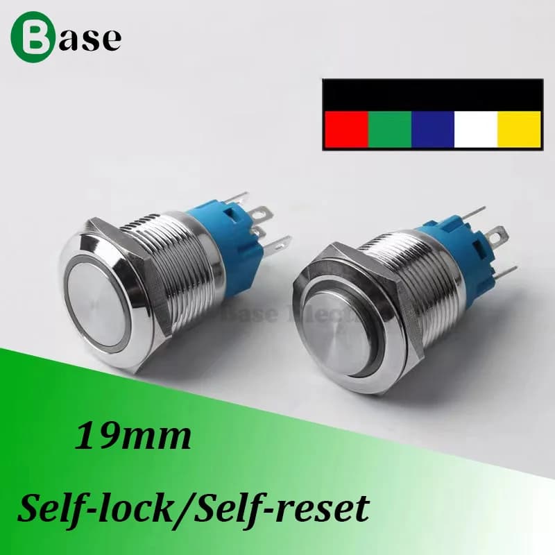 Anello interruttore luce LED con pulsante in metallo da 19 mm 12V Tipo di chiusura momentaneo NO NC Rosso Blu 24V 36V 48V 110-220V