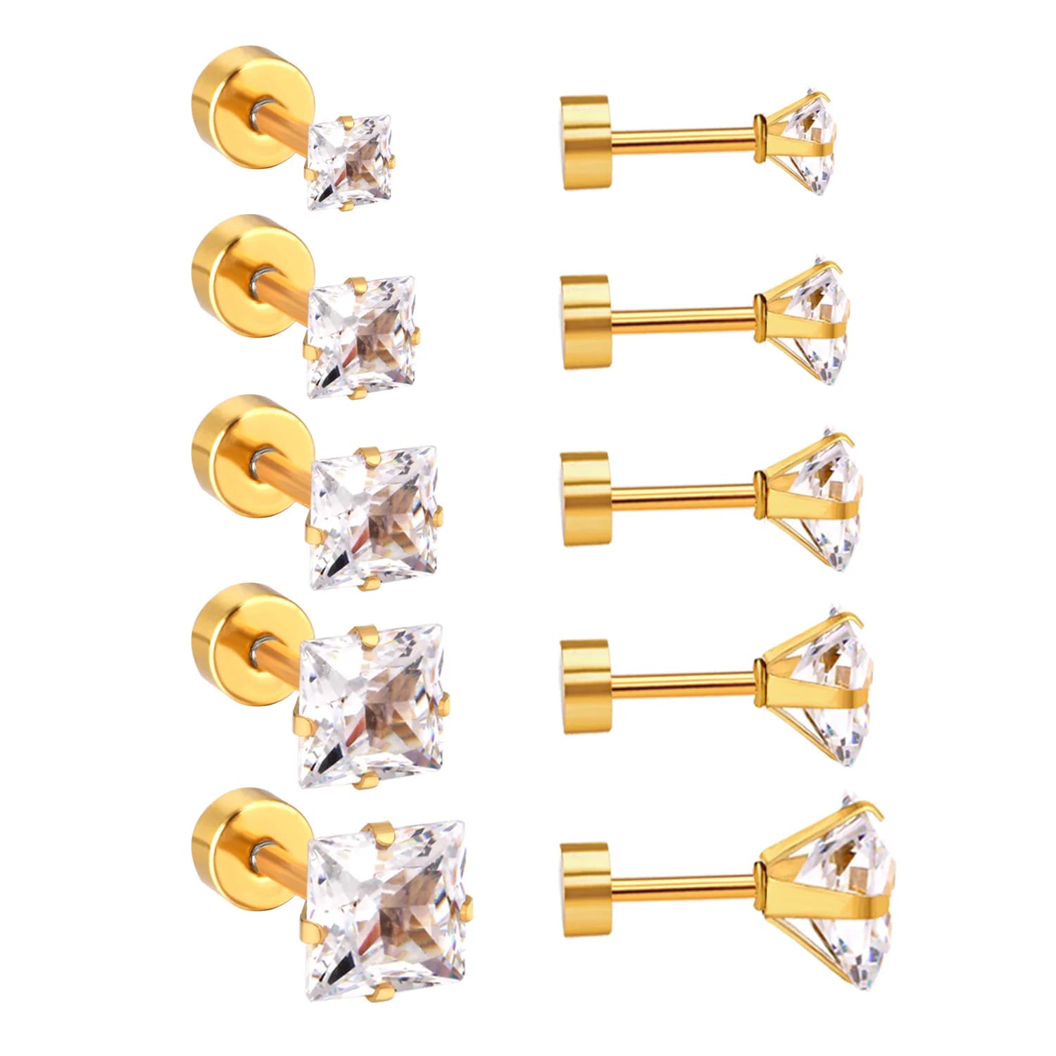 5 paia/scatola 3-7mm orecchini a vite cubica per donna uomo acciaio inossidabile quadrato rotondo cristallo orecchini penetranti gioielli regali