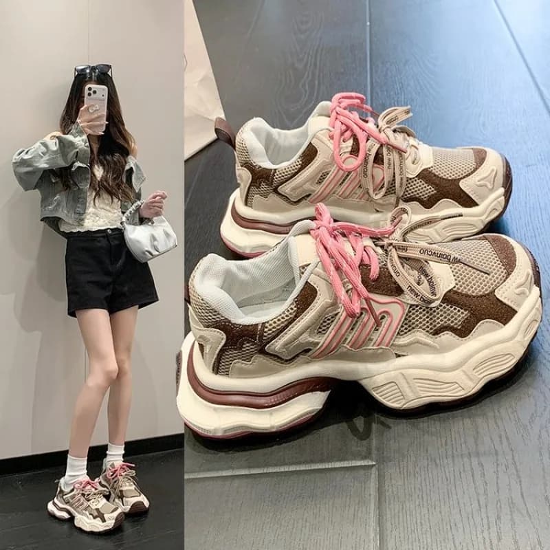 Colorful stitched sports shoes with thick soles, breathable mesh fabric, comfortable and casual shoes for summer, women's styl