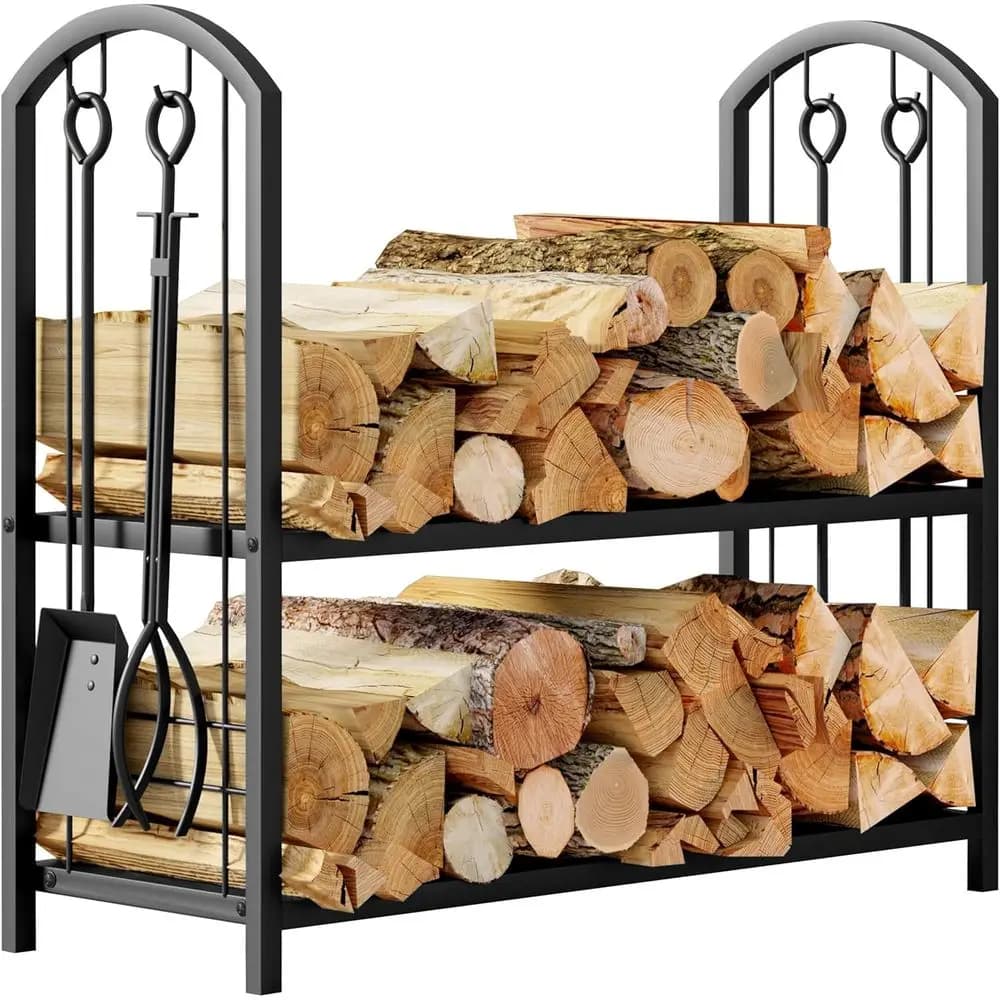 Beauty ireplace Portalegna da 5 Pezzi con Set di Attrezzi e 4 Supporti per Utensili, Organizzatore per Legname in Legno, Impilabile, Nero