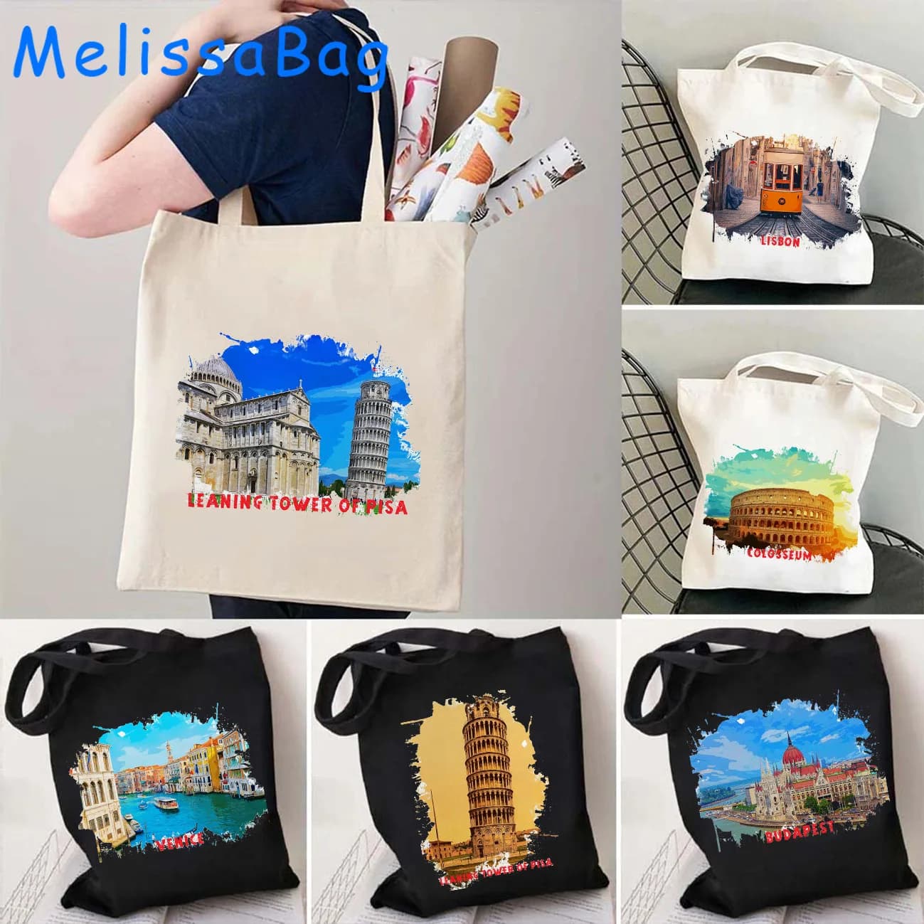 Pisa Tower Colosseum Budapest Hungary Lisboa lisbon Portugal Venice Italy Watercolor Ink Oil Paintings Canvas Totes Bag Handbags