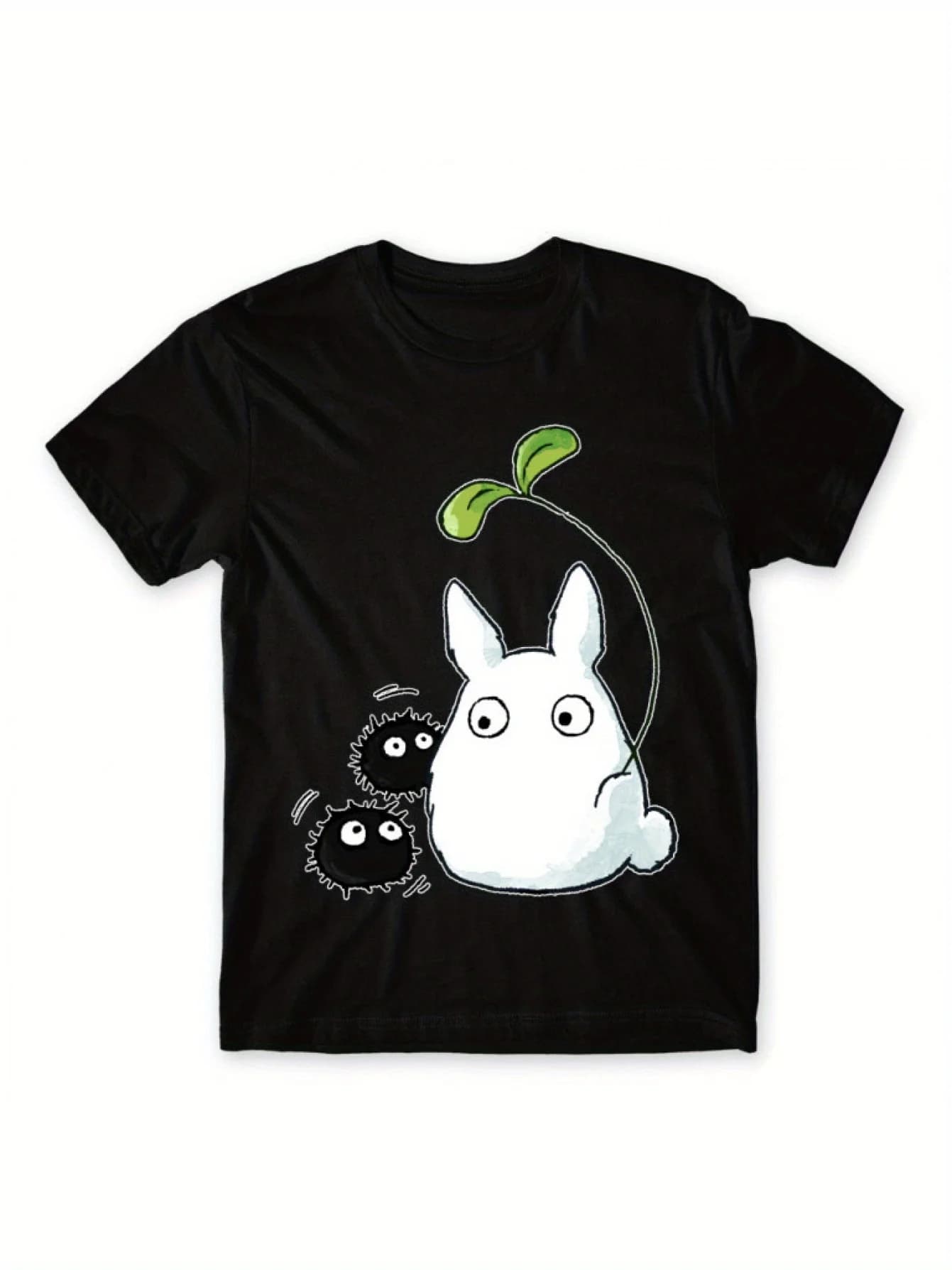 T-shirt con motivo simpatico cartone animato Totoro e Soot Sprites. Incantevole maglietta nera in cotone con stampe divertenti, super comoda per l'abbigliamento estivo. Adatto per gli appassionati di anime~ Adatto per~ e ogni occasione