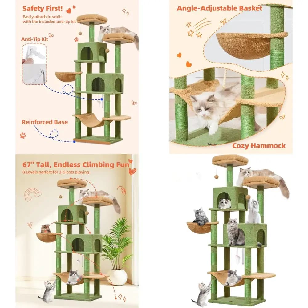 66.2 Albero per gatti da interno con 7 tiragraffi, 2 posatoi, 2 grotte, amaca, pompon, design a cactus