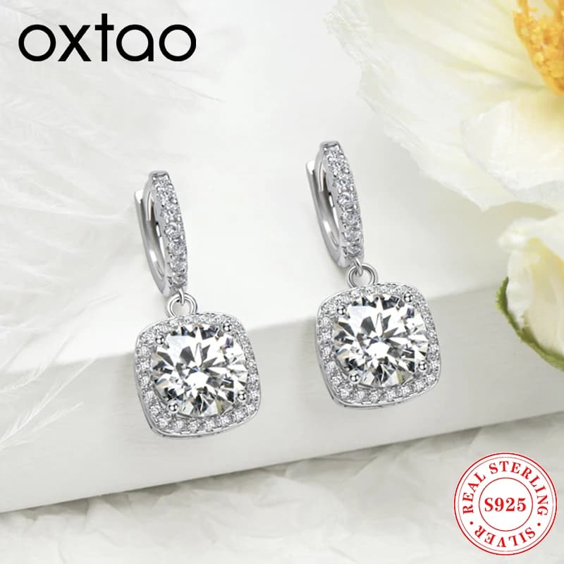 OXTAO Taglio Rotondo D Moissanite Ciondola Huggie Orecchini a pendaglio Reale 925 Argento per le Donne Temperamento Orecchino Gioielli da Sposa Regali