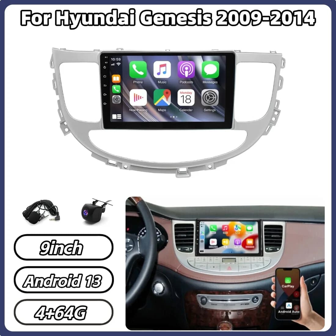 Autoradio Android 13 da 9 Pollici 4+64GB con GPS e Carplay per Hyundai Genesis 2009-14, Navigazione GPS, Bluetooth