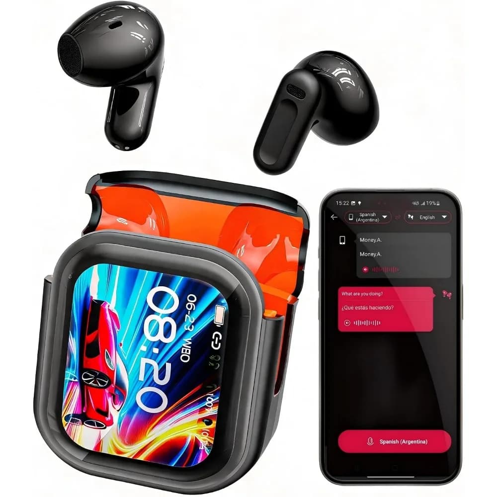 AI 135 Language Translator Earbuds with LCD Touch Screen for Travel, Business, and Learning | 60H Playtime Bluetooth Headphones