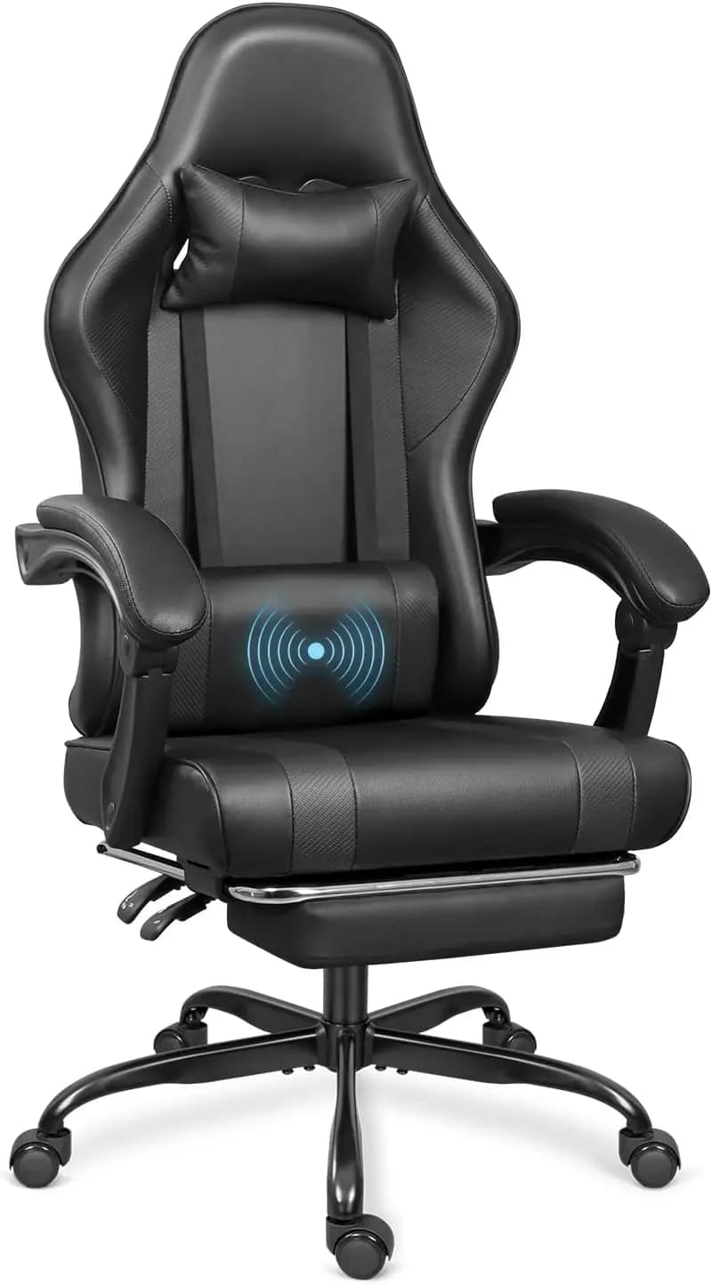 Sedia da gaming con poggiapiedi e supporto lombare per massaggi, altezza regolabile - nera