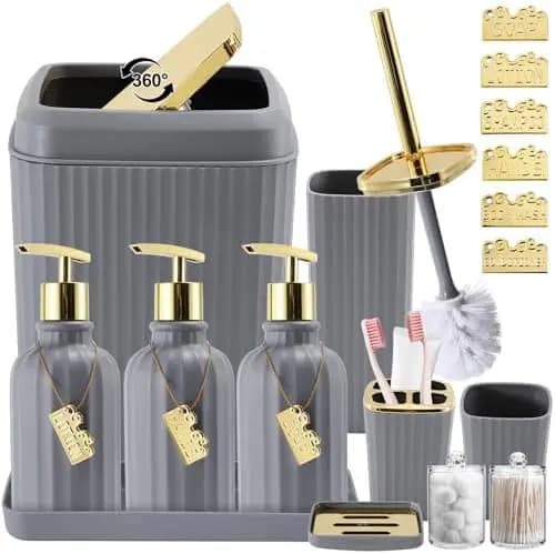 Set da Bagno Grigio 17 Pezzi - Spazzola per WC, Cestino, Porta Q-Tip e Dispenser Sapone