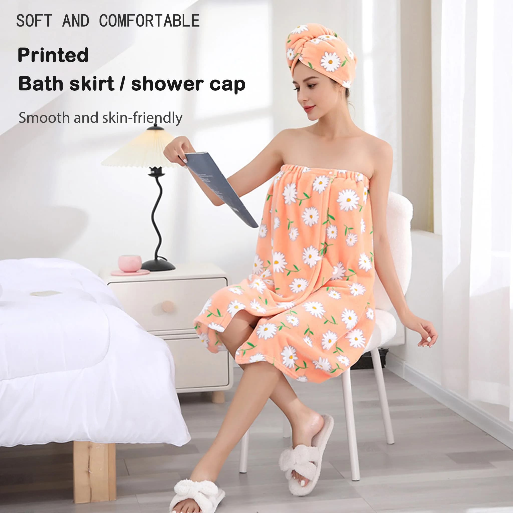 Set di accappatoio e cappuccio da bagno in pile corallo, graziosa stampa a margherite, morbido e confortevole accappatoio da casa da donna in tessuto spesso.