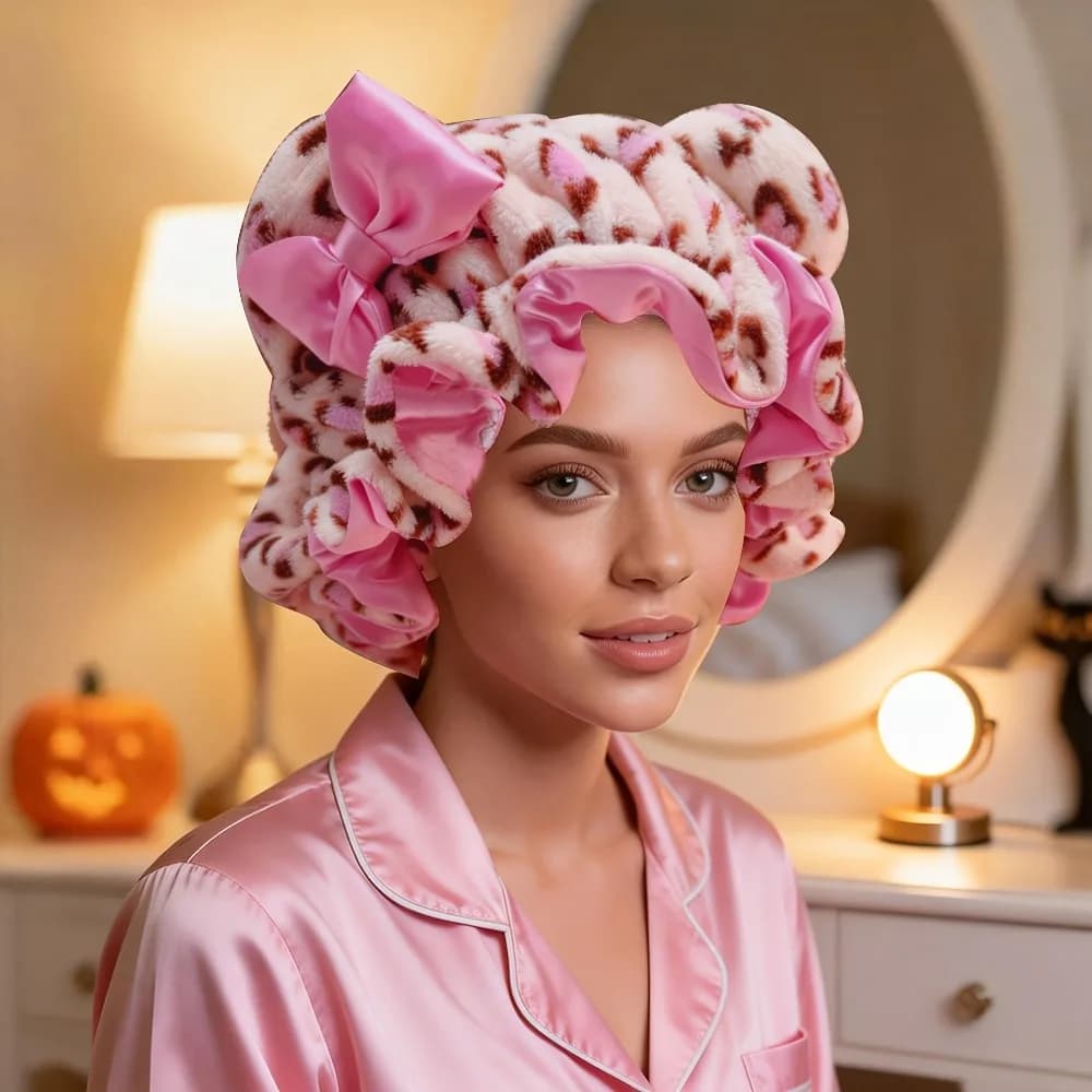 Leopard Print Shower Cap Satin Lined Fluffy Hair Bow Design Reusable Bath Sleep Cap Soft Plush Hair Bonnet Night Sleep Shower