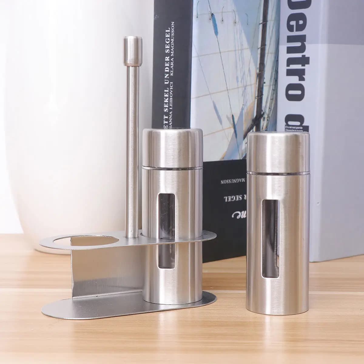 Set di 3 contenitori per condimenti in acciaio inossidabile, saliera e pepiera con finestra trasparente, supporto in acrilico, organizer per condimenti da cucina per barbecue