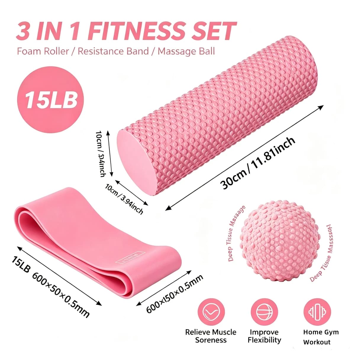 Home Fitness Recovery Kit - 30cm Textured Foam Roller 15LB Resistance Band Massage Ball for Muscle Soreness Relief Yoga Pilates