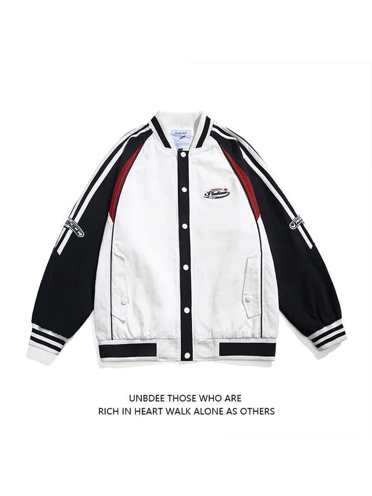 Loose Fit Men's Baseball Jacket Spring Autumn Season Windproof Polyester Fabric Splice Color Contrast Student Style Outerwear