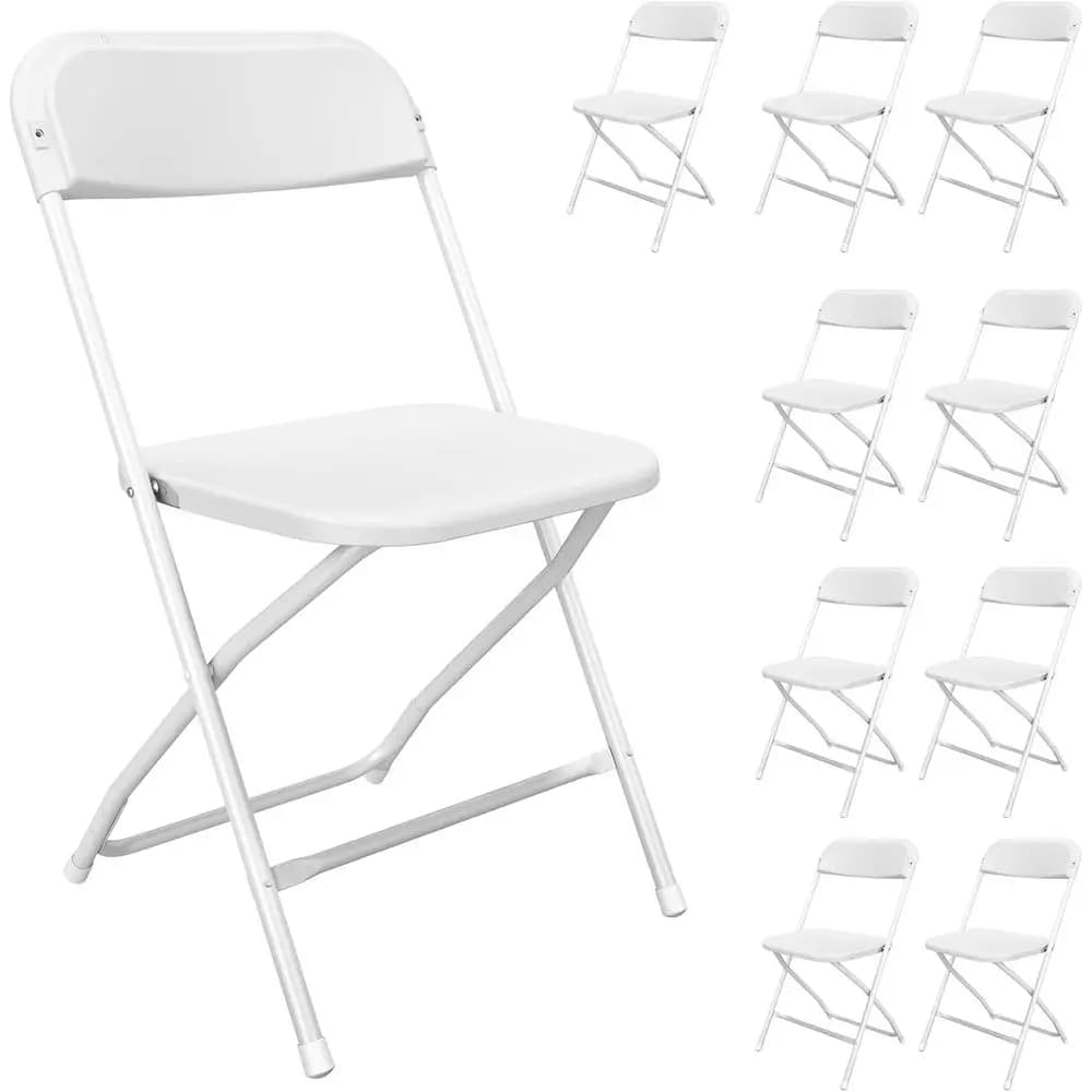 10-Pack White Folding Chairs, Portable Plastic Stackable Seats for Weddings, Parties, and Outdoor Dining