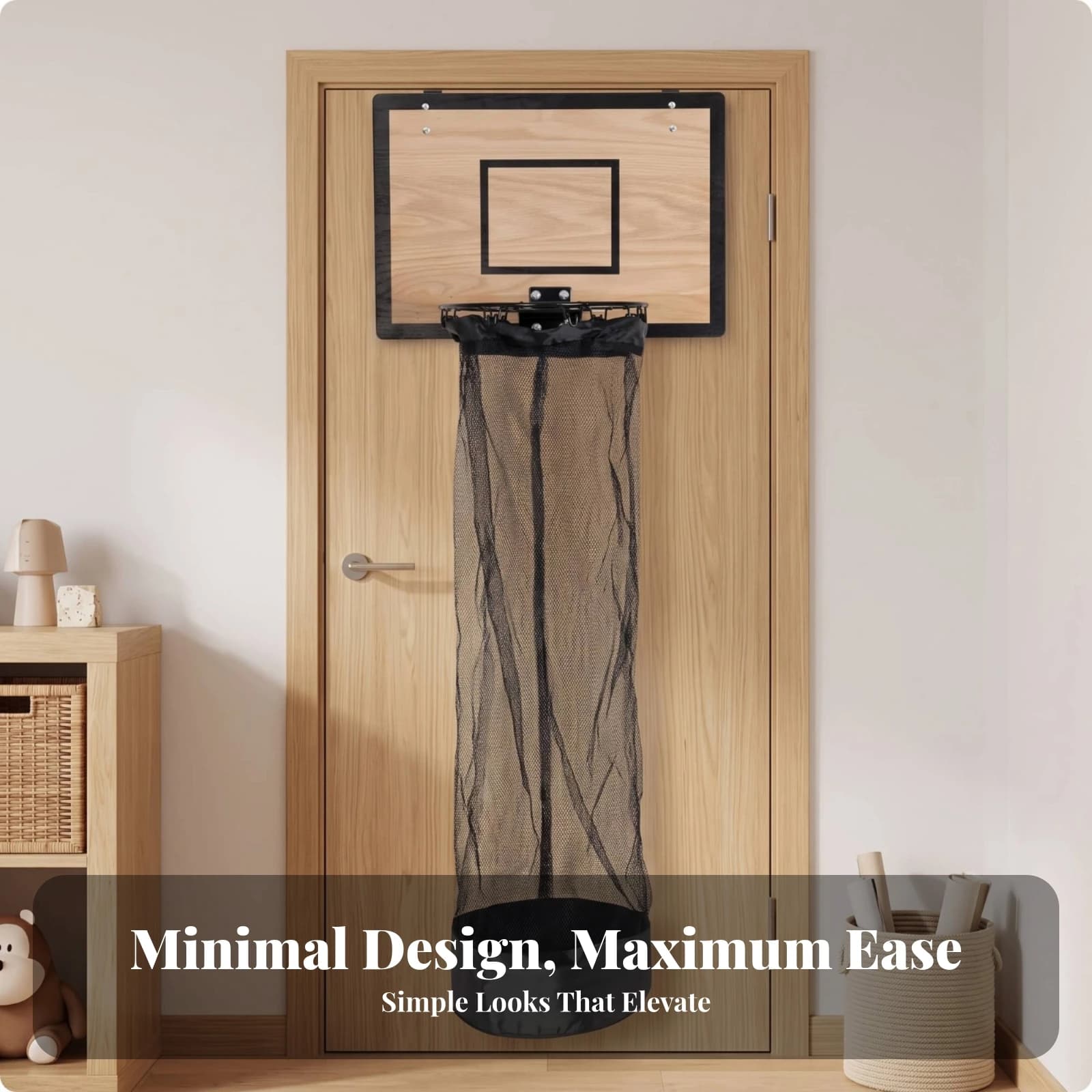 over Door Laundry Organizer with Wooden Backboard and Breathable Black Mesh Bag for Kids Room