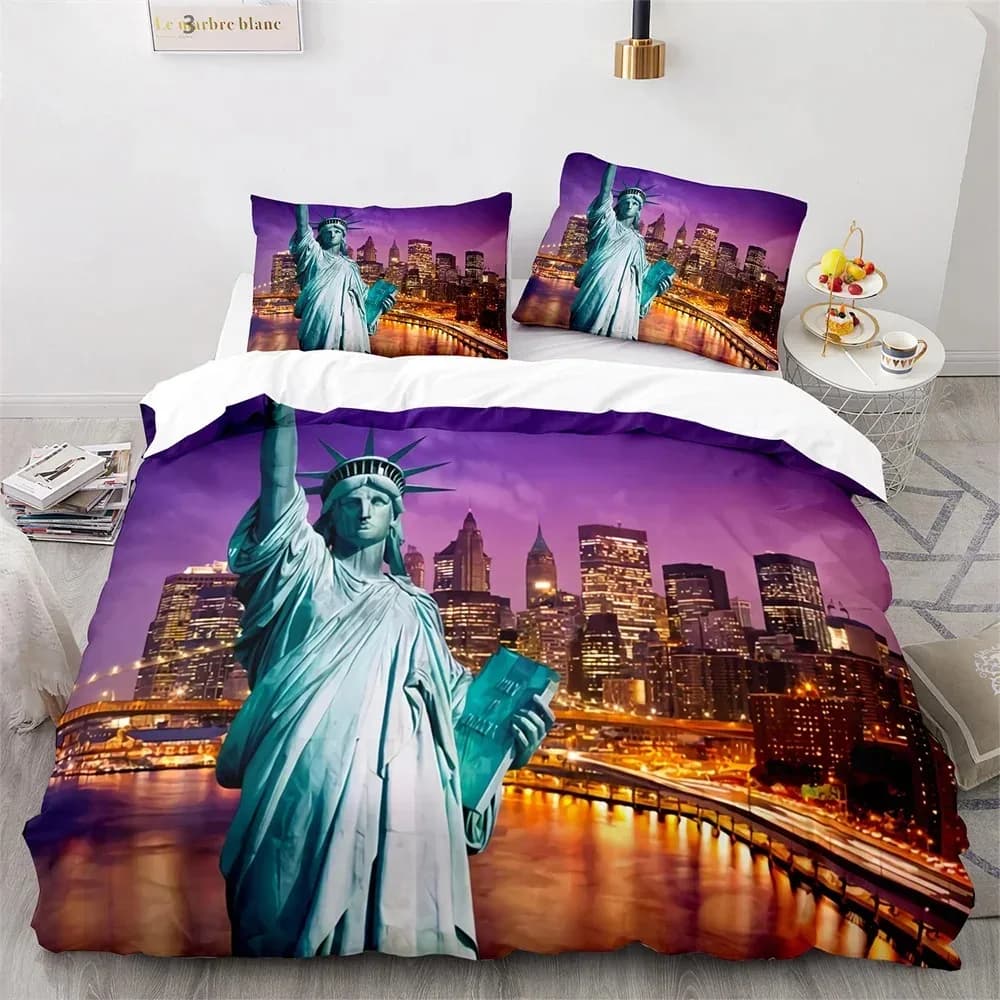American City Landscape Duvet Cover Statue Of Liberty Pattern For Children Teens Adult Polyester For Bedroom Decorations Queen