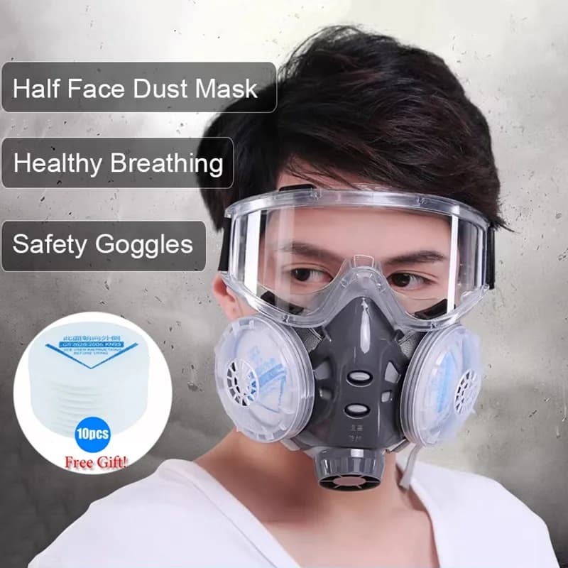 New dust mask Breather Double filter Half mask with safety glasses for carpenter Builder Dust polishing + 10 filters