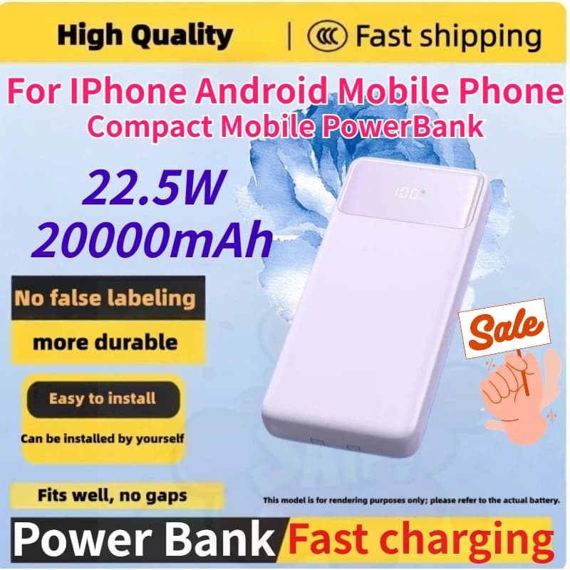 Power Bank da 20000mAh 22.5W per iPhone e Android, Caricabatterie Portatile Compatto con Cavo di Ricarica Rapida Integrato
