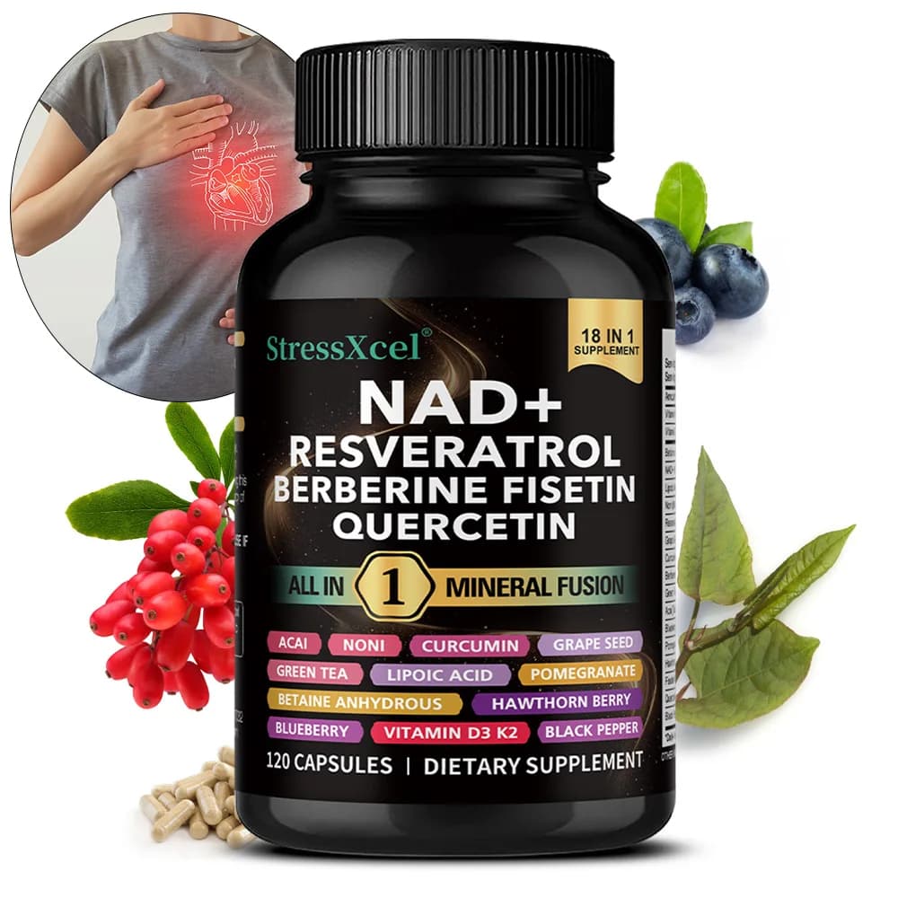 Integratore NAD+ con Resveratrolo, Quercetina e Berberina, Aumenta i Livelli di NAD, Anti-Invecchiamento, Energia Cellulare e Salute Cardiaca, Antiossidante
