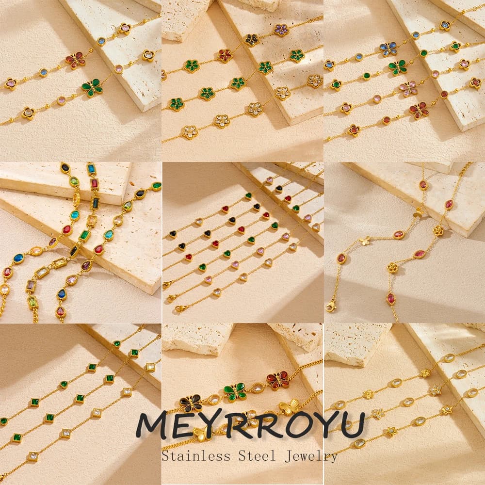 MEYRROYU Bracciale in acciaio inossidabile 316L con strass geometrici colorati a forma di cuore, bracciale classico da donna, gioielli impermeabili