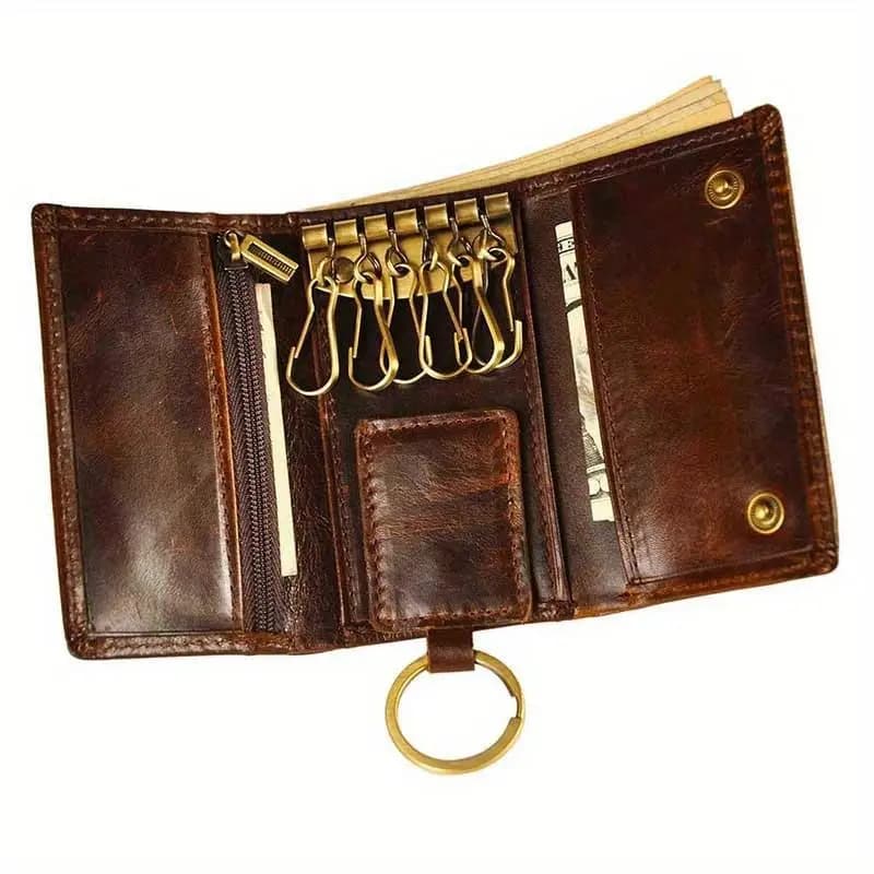 1PC Coffee Colored Head Layer Cowhide Wallet Multi Functional Men Oil Wax Leather Foldable Coin Banknote Key Holder Key Ring