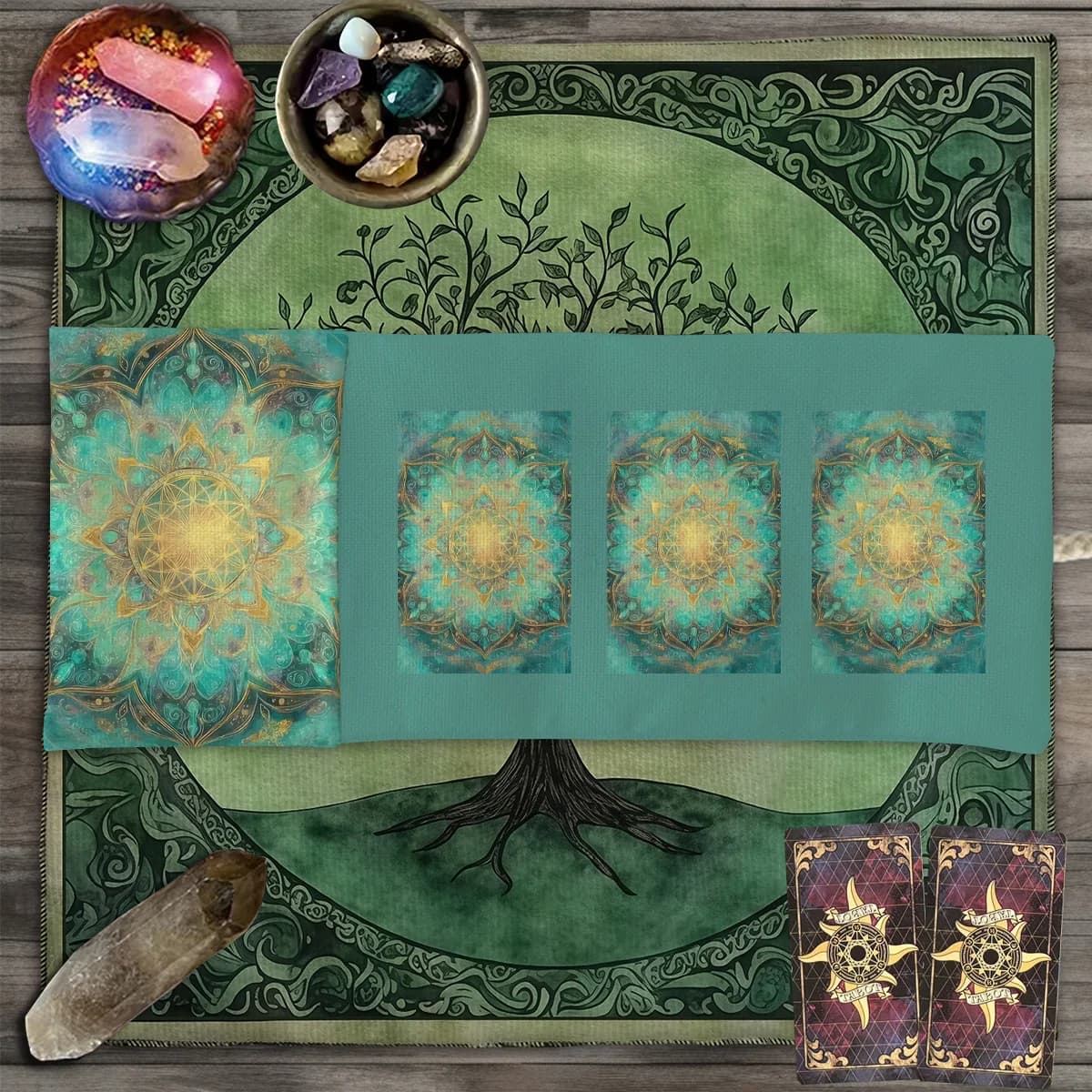 Borsa portaoggetti per carte dei tarocchi verde blu Borsa portaoggetti per tarocchi con motivo geometrico dorato Borsa per divinazione con motivo mandala