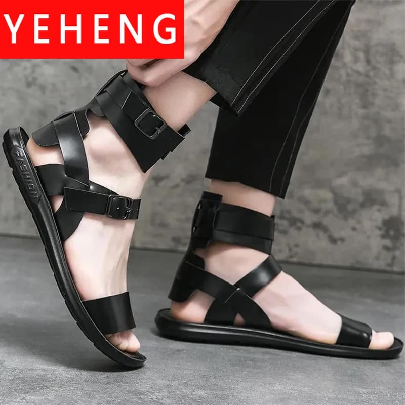 Sandali da uomo estivi Scarpe basse in pelle moda Scarpe da spiaggia Mocassini Punta incrociata Cinturino con fibbia alla caviglia Scarpe casual open toe maschili