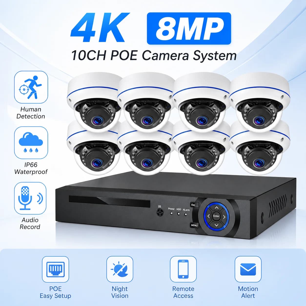 8MP 4K 10CH PoE NVR Security Camera Kit with Dome Cameras Human Detection Audio Record Night Vision IP66 Remote Access System