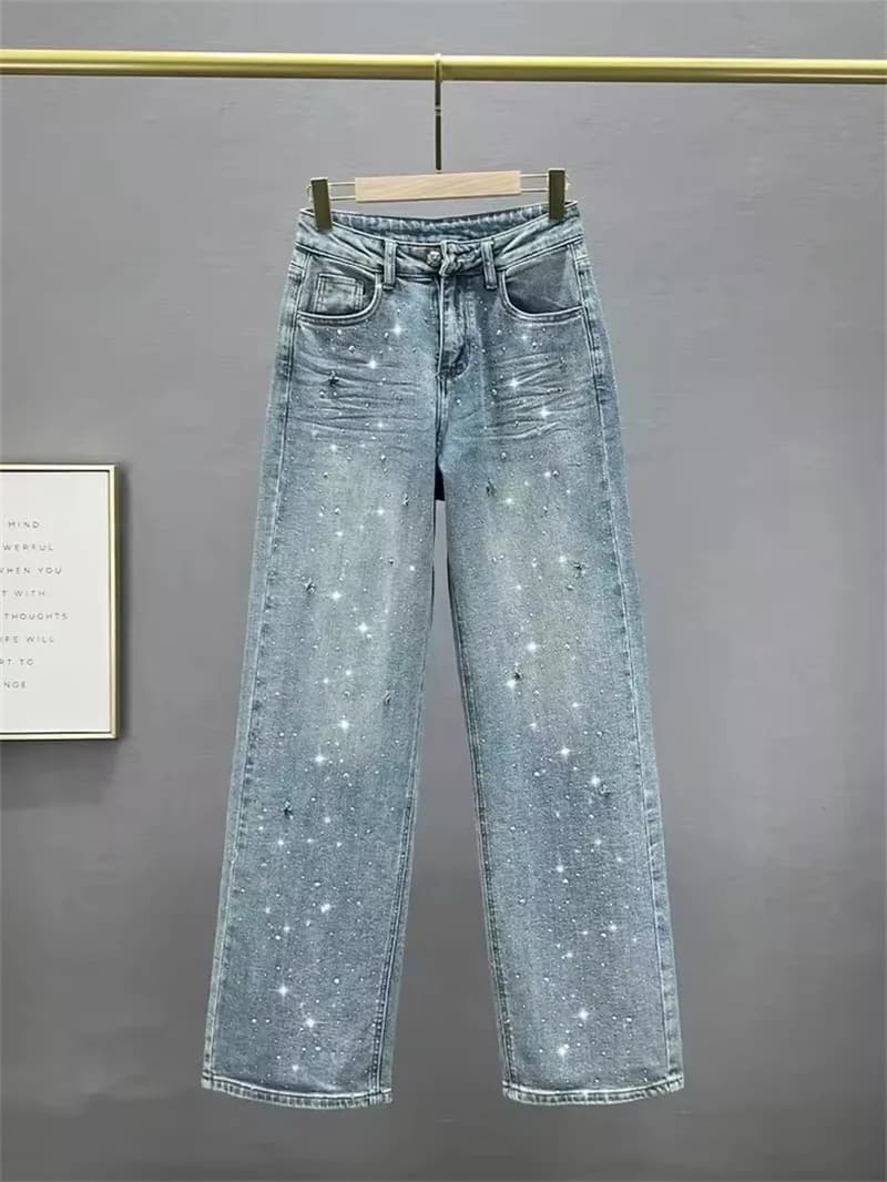 Jeans lavati a vita alta con design con ciondolo con strass alla moda Pantaloni a gamba dritta larghi tutto-fiammifero primaverili da donna