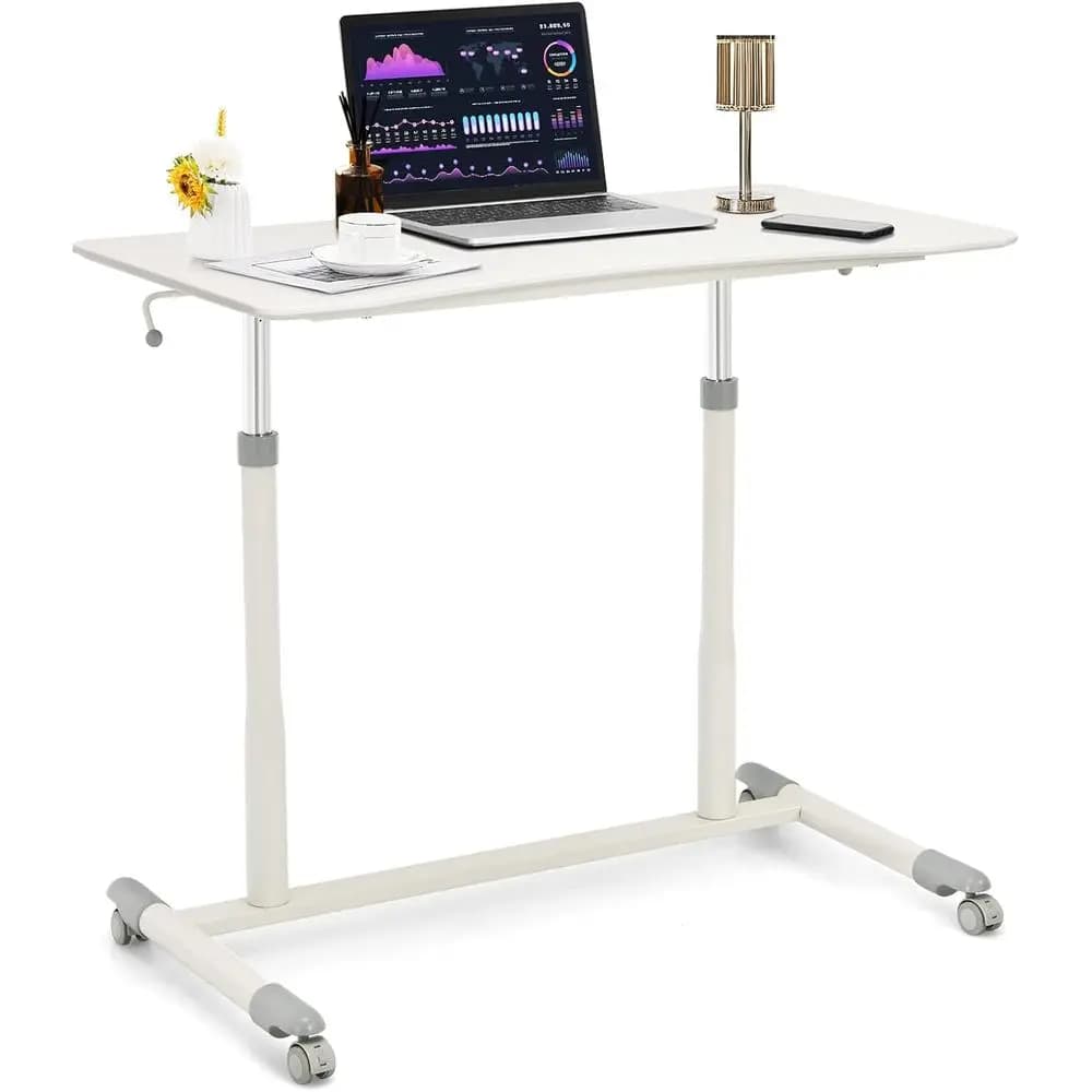 Scrivania Ergonomica Compatta Pneumatica Regolabile in Altezza con Ruote Bloccabili per Laptop/Tablet, Uso Casa o Ufficio (Bianca)