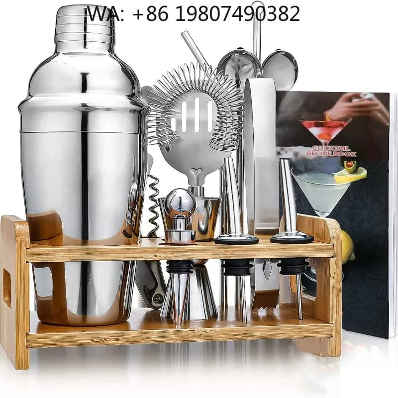 15 Piece Stainless Steel Boston Cocktail Shaker Kit, Complete Bartender Tools With Bamboo Stand, Hotel Drink Mixing Eq