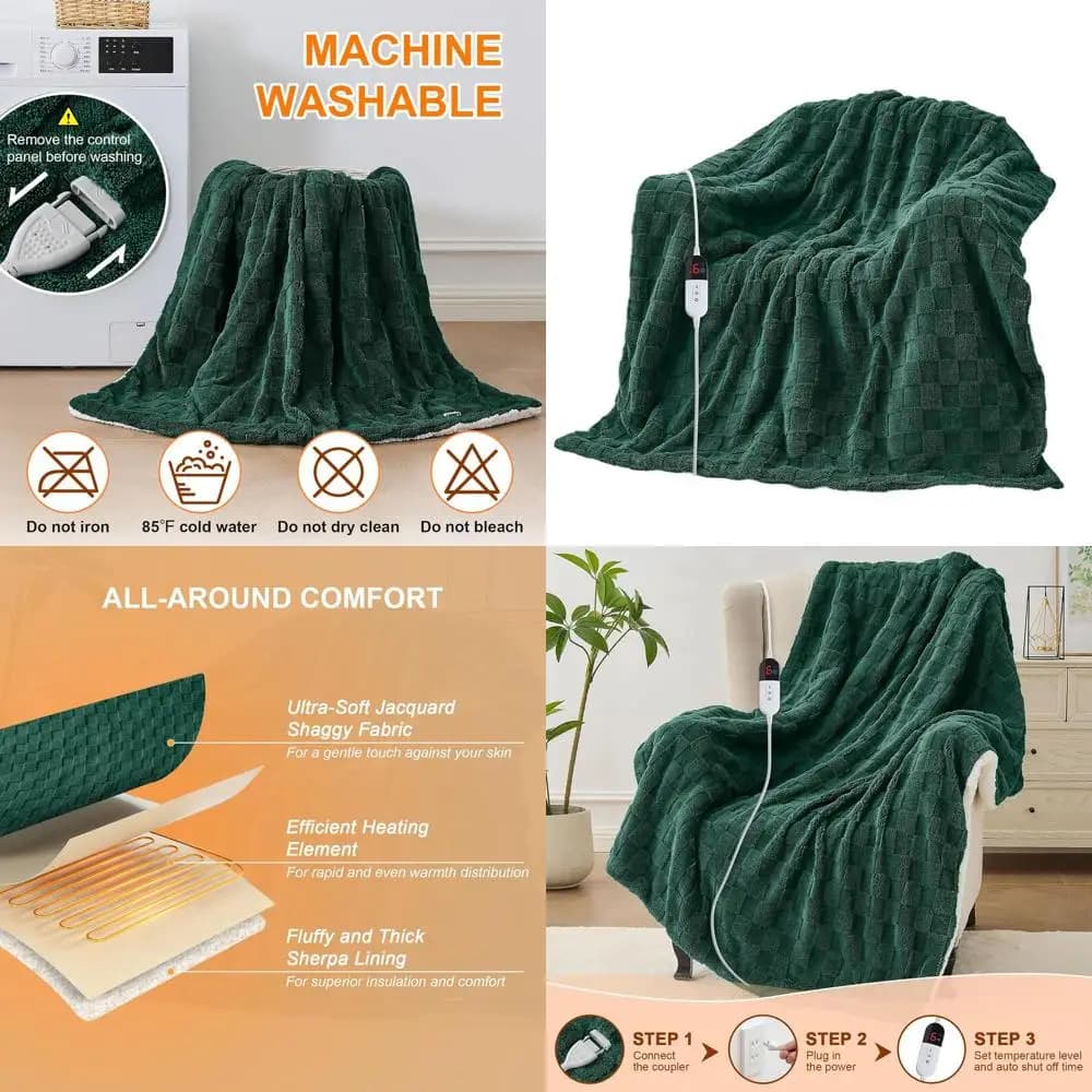 Coperta riscaldata elettrica a grandezza naturale - Sherpa jacquard 72x84, 6 livelli di calore, spegnimento automatico di 10 ore, protezione da surriscaldamento, verde scuro