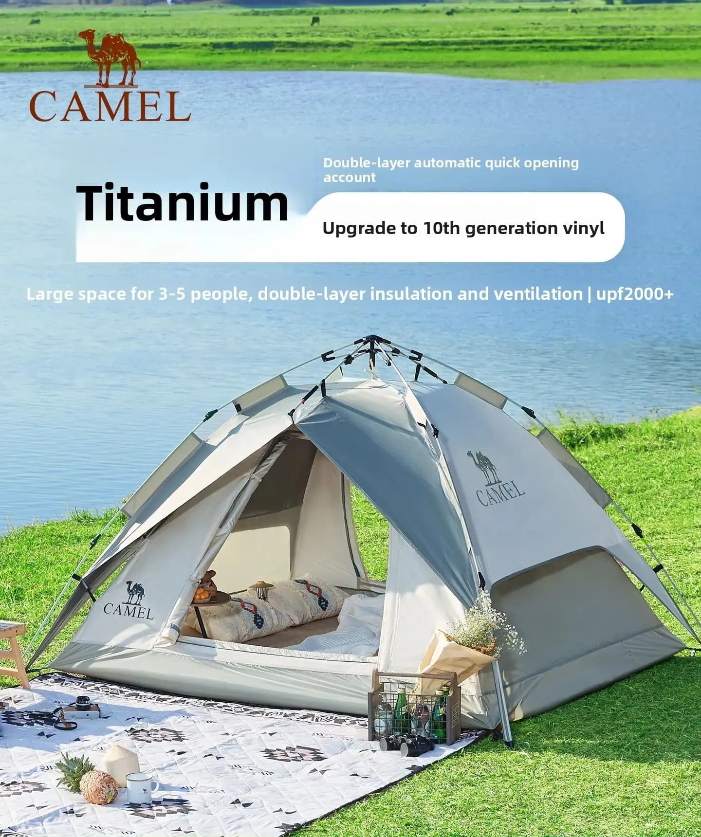 Tenda da Campeggio Golden Camel per 2-4 Persone, Tenda da Spiaggia Portatile 2026, Tenda da Pesca, Riparo Solare Anti-UV per Famiglie, Viaggi e Picnic