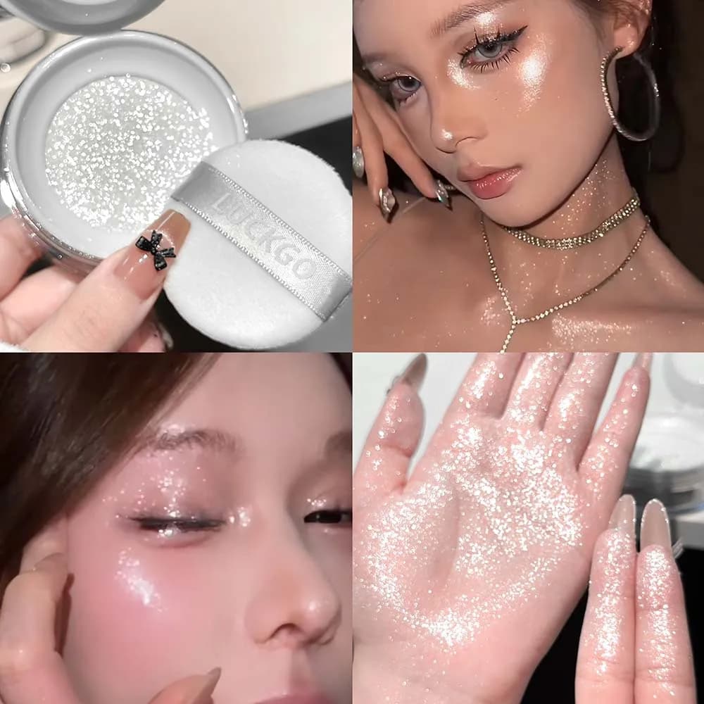 Diamond Glitter Highlighter Powder with Velvet P Face Collarbone Body Shimmer Glow Contour Sparkly Makeup for Party Stage Look