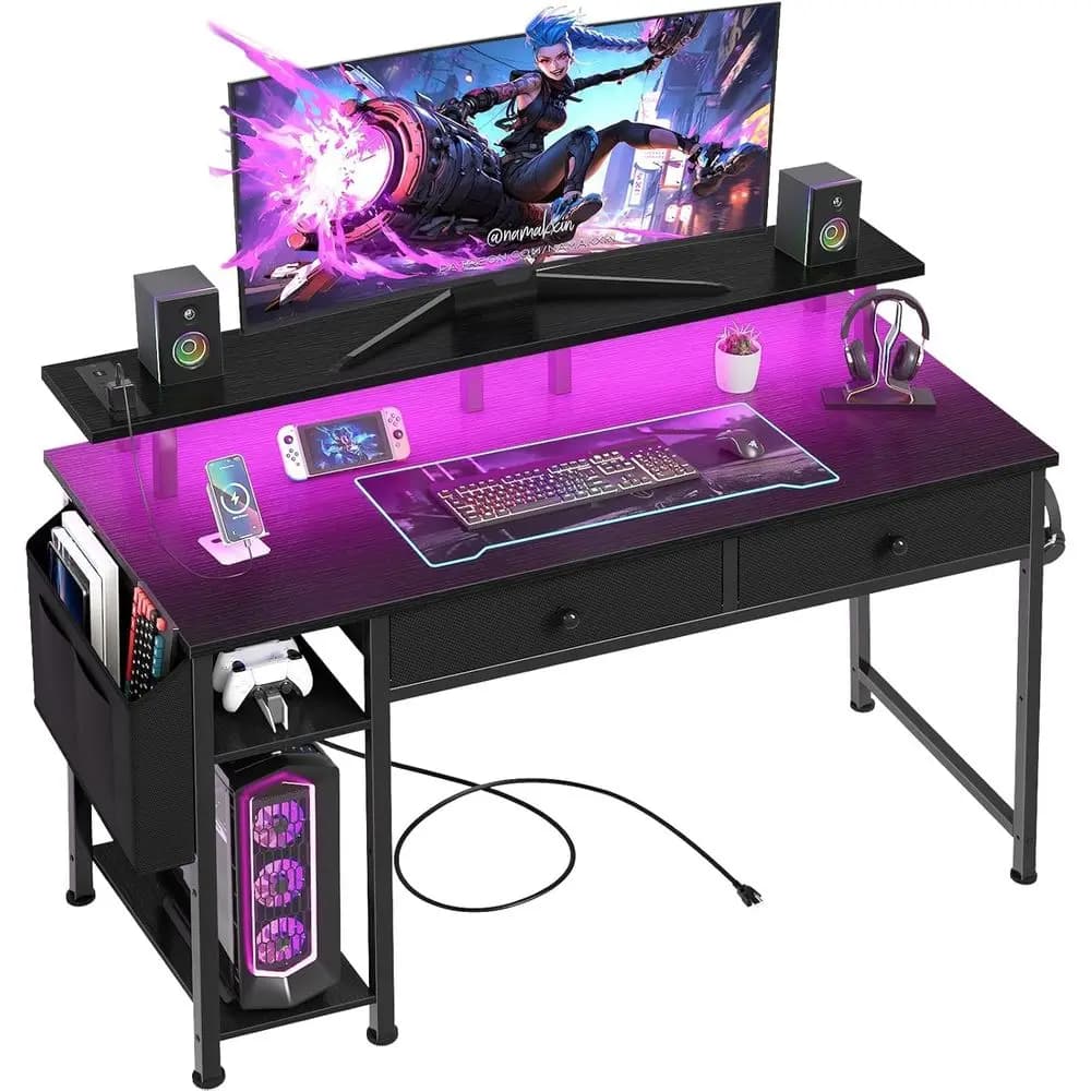 39 inch compact black gaming desk with storage shelves, monitor support and power outlet for the bedrooms of boys and teenagers