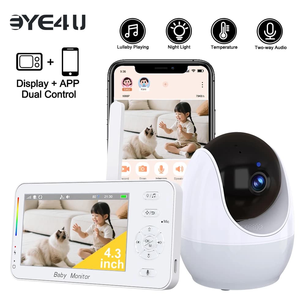 Display da 4,3 pollici Baby Monitor APP Controllo vista Pan Tilt Zoom Sicurezza Babyphone Luce notturna Monitoraggio automatico Videocamera di sorveglianza