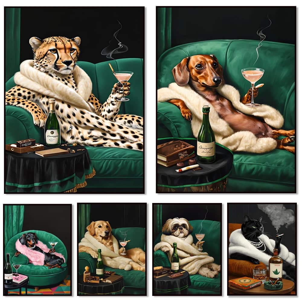 Shih Tzu, Golden Retriever, gatto, ghepardo, bassotto e arte martini, stampa gatto, cocktail art, cane divertente ​ ​ poster del ritratto