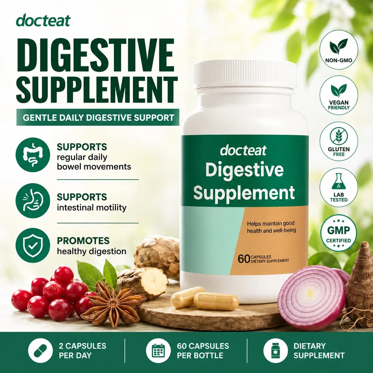 Docteat Digestive Supplement Capsules with Berberine HCl Inulin & Quercetin Supports Regular Bowel Movements 60 Capsules